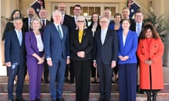 Governor general Sam Mostyn and prime minister Anthony Albanese with newly sworn-in members of Labor's federal ministry in Canberra. Photo: AAP/Lukas Coch
