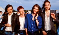 Suede At Reading 1992<br>Suede group portrait, backstage at Reading Festival, 29th August 1992, L-R Brett Anderson, Simon Gilbert, Bernard Butler, Mat Osman. (Photo by Mick Hutson/Redferns)