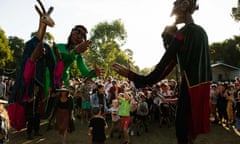 Company Archibald Caramantran (France) at Womadelaide 2020. A street theatre company invite audiences to interact with their four-metre high articulated puppets. It’s a collective of puppeteers, musicians, stilt walkers, comedians.