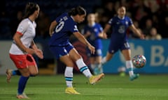 Chelsea’s Sam Kerr strikes on 10 minutes to score the first of her four goals against Vllaznia.