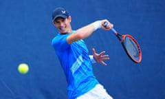 Andy Murray hits a forehand shot during practice at the US Open