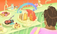 illustration of a woman looking a table of desserts, a glucose monitor and pills