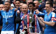 Rangers v Alloa - Ladbrokes Scottish Championship - Ibrox<br>Rangers manager Mark Warburton (centre) and Rangers' Lee Wallace with the Ladbrokes Scottish Championship trophy during the Ladbrokes Scottish Championship match at the Ibrox Stadium, Glasgow.