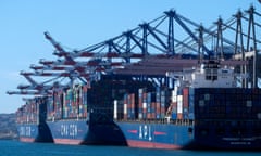 Cargo containers stacked on ships at the Port of Los Angeles, San Pedro, California