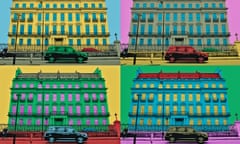 Four photos of Britain's most expensive house, 2-8a Rutland Gate in Knightsbridge, London, in a grid, all brightly coloured like Andy Warhol's screen prints