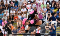 Arisa Trew lands a move in the women's skateboarding park finals at the 2024 Olympic Qualifier Series held in Budapest.