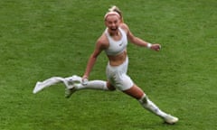 Chloe Kelly celebrates after scoring England’s second goal to secure victory over Germany.