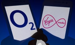 In-camera multiple exposure image shows logos of O2 and Virgin Media on smartphone screen.