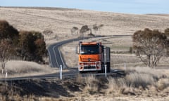 A semi-trailer passes the site of a fatal truck crash along the Cooma-Adaminaby road on the Snowy Mountains Highway.