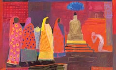 Indian journey, 2011, oil and acrylic on board, 92 x 122cm
I've been fortunate enough to be travelling most of my life. Nowhere do you find the patterns and colours as vivid and as dramatic as India. This painting comes from my memory of a number of sari-clad women, walking into an elaborate temple.