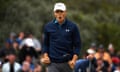 Jordan Spieth clenches his fist after holing from 35ft for an eagle on the 15th on his way to the Open title at Royal Birkdale.