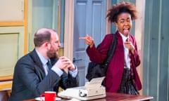 Tom Moores as the bureaucrat and Nkhanise Phiri as Josie K in The Trial of Josie K at the Unicorn theatre.