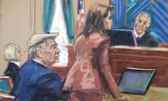 Artist's sketch of woman and man in front of judge in court
