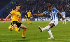 Steve Mounie in action for Huddersfield against Wolves last season