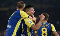 Giovanni Simeone celebrates after scoring the opener against Juventus in Verona’s 2-1 victory.