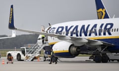 A Ryanair plane parks at the airport in Weeze, Germany