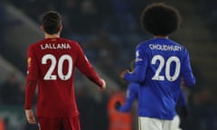 Leicester City v Liverpool - Premier League<br>LEICESTER, ENGLAND - DECEMBER 26: 2020 New Year - 20 on the backs of Adam Lallana of Liverpool and Hamza Choudhury of Leicester City during the Premier League match between Leicester City and Liverpool FC at The King Power Stadium on December 26, 2019 in Leicester, United Kingdom. (Photo by Matthew Ashton - AMA/Getty Images)