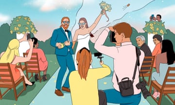 An illustration of a newlywed couple posing for photographs at their wedding as guests look on.