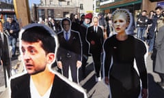 Cardboard cutouts of presidential candidates Volodymyr Zelenskiy and Yulia Tymoshenko in Kyiv