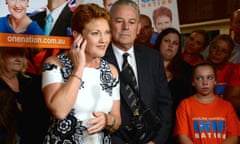 Pauline Hanson addresses One Nation election function in Perth on Saturday night.