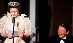 Queen Elizabeth ll makes a speech as President Ronald Reagan laughs during a banquet in March 1983 in San Francisco.