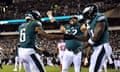 The Eagles celebrate a touchdown during a dominant first-half against the Giants