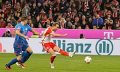 Harry Kane thrashes the ball home with his left foot against RB Leipzig.