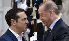 Greek prime minister, Alexis Tsipras, left, welcomes Turkish president, Recep Tayyip Erdoğan, before their meeting in Athens last December