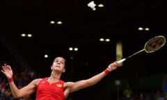 Spain’s Carolina Marin returns to China’s Li Xuerui during their women’s singles semi-final badminton match at the  Rio 2016 Olympic Games