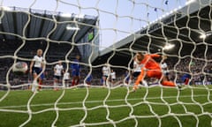 Marie-Antoinette Katoto (right) beats England substitute keeper Hannah Hampton to score France’s winner.