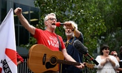 UK Singer Songwriter Billy Bragg performs as ABC staff walk off the job at the ABC Ultimo Centre in Sydney, 