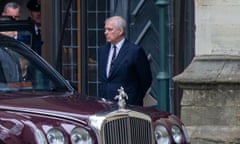 Prince Andrew at Westminster Abbey after a service of thanksgiving for the Duke of Edinburgh this week.
