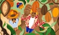 Illustration of cocoa farmers harvesting crop