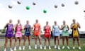 Super Netball captains Kim Ravaillion (Firebirds), Hannah Petty (Thunderbirds), Kate Moloney (Vixens), Jo Harten (Giants), Paige Hadley (Swifts), Amy Parmenter (Melbourne Mavericks), Jess Anstiss (West Coast Fever), Steph Fretwell (Sunshine Coast Lighting) throw balls in the air