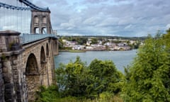 Menai bridge crossing Menai Straits to Anglesey from the mainland in Wales, UK, designed by Thomas Telford<br>FR107F Menai bridge crossing Menai Straits to Anglesey from the mainland in Wales, UK, designed by Thomas Telford
