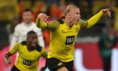 Erling Braut Haaland celebrates his dramatic late winner against Hoffenheim.