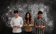 People on phones with social media icon chalkboard