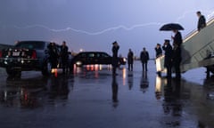 TOPSHOT-US-POLITICS-TRUMP<br>TOPSHOT - US President Donald Trump disembarks from Air Force One as lightning splits the sky during a storm at Joint Base Andrews in Maryland, August 28, 2020. (Photo by SAUL LOEB / AFP) (Photo by SAUL LOEB/AFP via Getty Images)