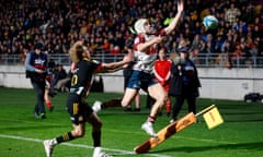 Reds fullback Mac Grealy loses the ball over the sideline in the historic Super Rugby Pacific victory over the Chiefs at Yarrow Stadium.