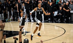 The Spurs’ Victor Wembanyama celebrates after San Antonio’s win over Houston on Friday night.