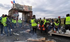 Gilets jaunes protesters block the road leading to the Frontignan oil depot in the south of France. 