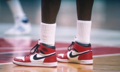 Bulls v Bullets<br>WASHINGTON - 1985: Detail of the "Air Jordan" Nike shoes worn by Chicago Bulls' center Michael Jordan #23 during a game against the Washington Bullets at Capital Centre circa 1985 in Washington, D.C.. NOTE TO USER: User expressly acknowledges and agrees that, by downloading and or using this photograph, User is consenting to the terms and conditions of the Getty Images License Agreement. (Photo by Focus on Sport/Getty Images)