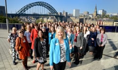 Penny Marshall (front, centre, in turquise jacket) in front of the Tyne Bridge on the Women in Engineering Day 2018, when 90 women engineers were brought together to celebrate the 90th anniversary of the Tyne bridge opening, and recognise the involvement of Dorothy Donaldson Buchanan – first female member of the institution of Civil Engineers, who worked on the project.