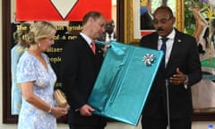 The Earl and Countess of Wessex give Antigua and Barbuda prime minister Gaston Browne a gift during their April visit. rations. (Photo by Stuart C. Wilson/Getty Images)