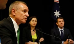 Jay Weatherill, Annastacia Palaszczuk and Mike Baird at a press conference in Sydney in 2015