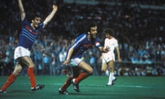 Match France/Portugal de l'Euro 84<br>Michel Platini explose de joie lors du match contre le Portugal de la Coupe d'Europe le 23 juin 1984, France. (Photo by Pierre PERRIN/Gamma-Rapho via Getty Images)