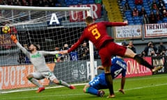 Roma’s Edin Dzeko rifles the ball past the Sassuolo goalkeeper Andrea Consigli – the goal was eventually ruled out for offside by the video assistant referee.