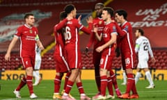 Diogo celebrates with his Liverpool teammates.