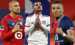 Lille’s Burak Yilmaz, Houssem Aouar of Olympique Lyon and Paris St Germain’s Kylian Mbappe.