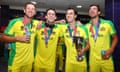 Australia's Josh Hazlewood, Mitchell Marsh, Pat Cummins and Mitchell Starc after victory in the Twenty20 World Cup final